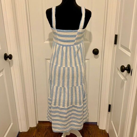 Casa Cabana Blue White Cabana Stripe Linen Blend Smocked Midi Sundress Small - Picture 7 of 12